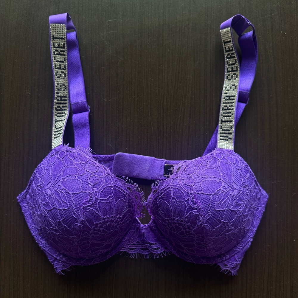 Victoria’s Secret Bright Violet Purple Lace Shine Strap Plunge Push Up Bra
